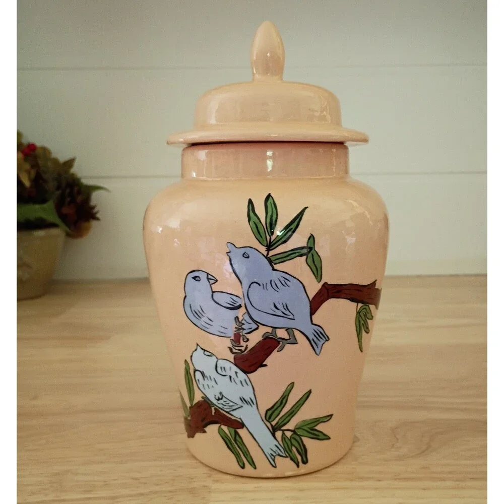 Vintage 1975 Hand Painted Birds on Branch Ginger Jar Signed by JCR Beautiful